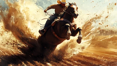 Cowboy and horse charge forward in a thrilling desert splash