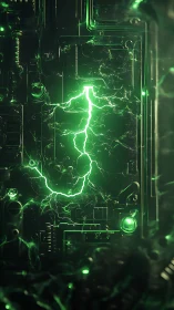 Neon green lightning surges across a dark cyber circuit core