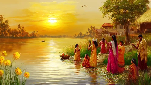 Riverbank festival ritual under golden rural sunset light.