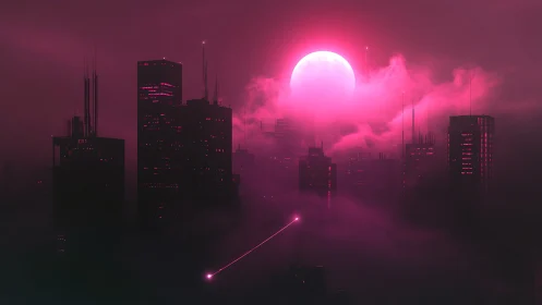 Neon moon climbs through fog as the city holds its breath
