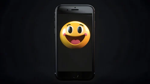 Happy emoji on smartphone screen, digital art with dark background.