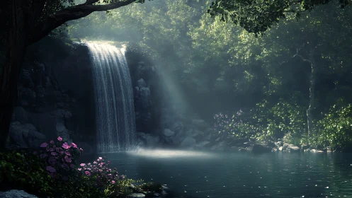 Sunlit forest waterfall pours into a tranquil shaded pool.