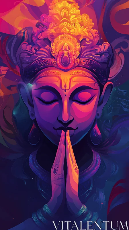 Neon quietude of a cosmic yogi in molten sunrise hues.