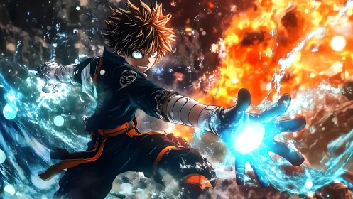Anime hero channeling dual elemental energy in battle