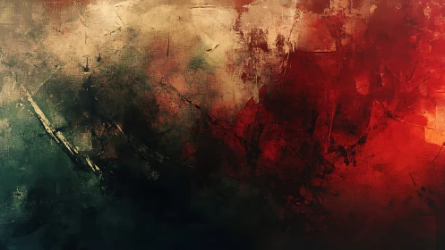 Abstract textured painting with red, beige, and dark green tones.