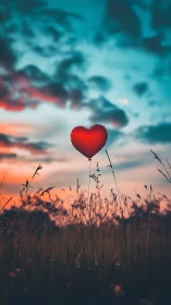 Heart Balloon at Sunset: Romantic Landscape Composition.