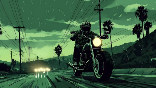 Lone biker outruns neon rain along palm-lined highway night.