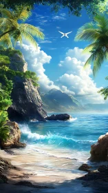 Tropical Coastal Paradise with Soaring Aircraft.