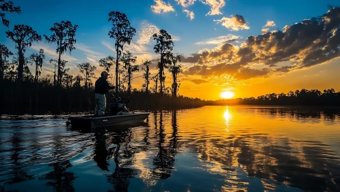 Golden sunset reflects around a peaceful lake fishing moment