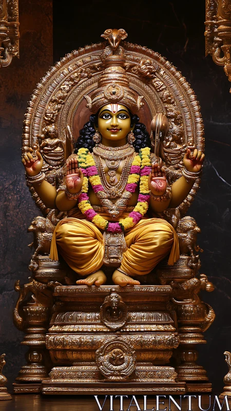 Polychrome Hindu deity sculpture on ornate gilded pedestal.