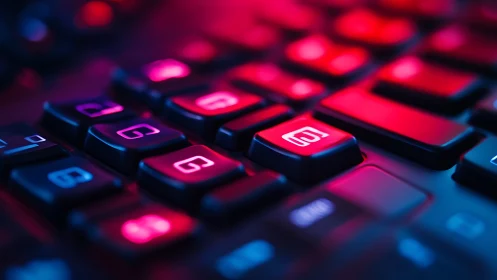 Low-angle macro of RGB backlit mechanical keyboard with neon glow