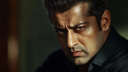 Close-up male portrait with intense direct gaze in shadowed light.