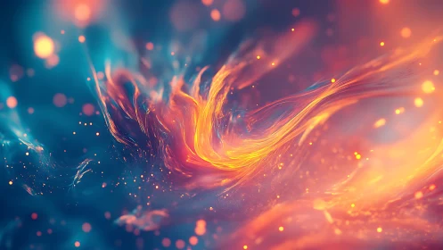 Fiery light stream dances through deep teal cosmic mist.