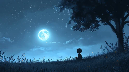 Silhouette child observing full moon over grassy hillside.