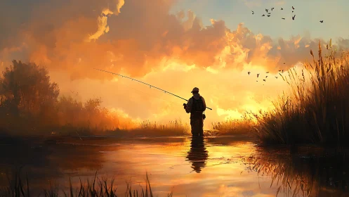 Silhouetted angler stands in shallow water during sunset