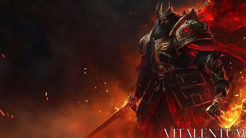 Armored warlord in molten red plate wielding flaming blades