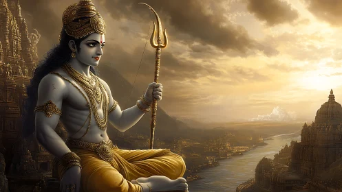 Mythological figure overlooking river and temple city at dusk.