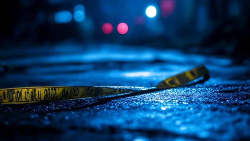 Police crime scene tape lies on wet street at night
