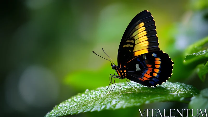 Macro telephoto study of tricolored butterfly on wet leaf