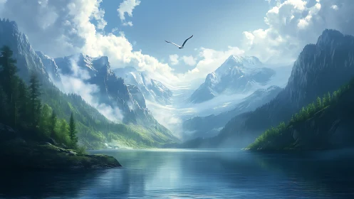 Soaring over a quiet glacier lake in sunlit mountain air.