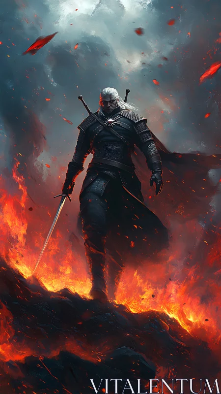 White-haired armored warrior walking through intense fire.
