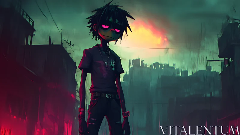 Neon dusk wanderer in a moody cyberpunk backstreet.