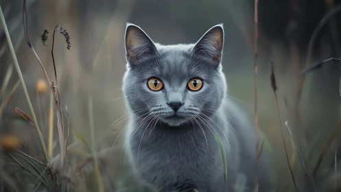 Gray Cat with Amber Eyes in Natural Grassy Setting.