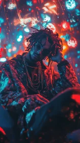 Moody portrait in neon bokeh with reflective urban energy.