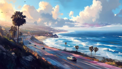 Coastal highway with palm trees beside expansive shoreline.