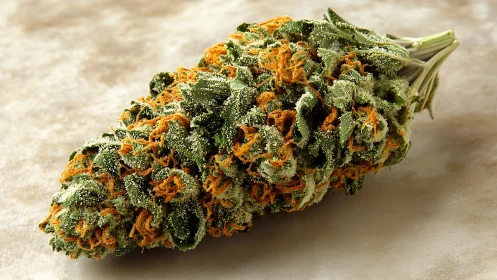 Macro cannabis bud shows dense trichome coverage and orange pistils