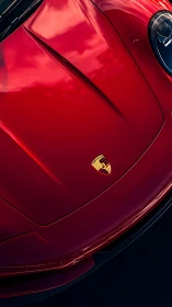 Crimson Porsche hood glows like polished thunder at dusk.
