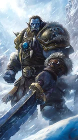 Frostmarked warlord storms through blizzard-wracked mountain pass.