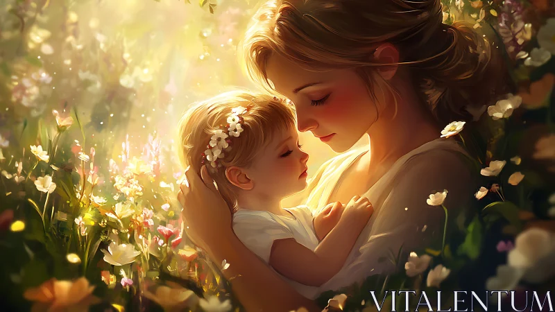 Mother holding small child in sunlit flower garden with warm backlighting