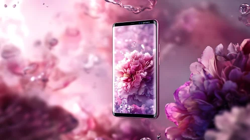Bezel-less smartphone renders reflective glass with floral volumetric lighting