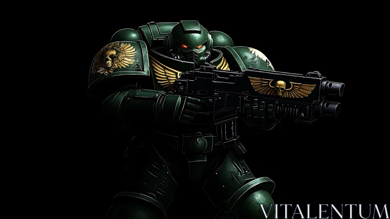 Armored space soldier aims heavy rifle under stark light.