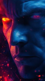 Thermal-lit cyber visage with molten ember ocular intensity.
