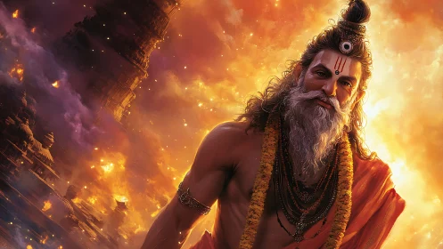 Fiery sage portrait before burning temple city, digital painting