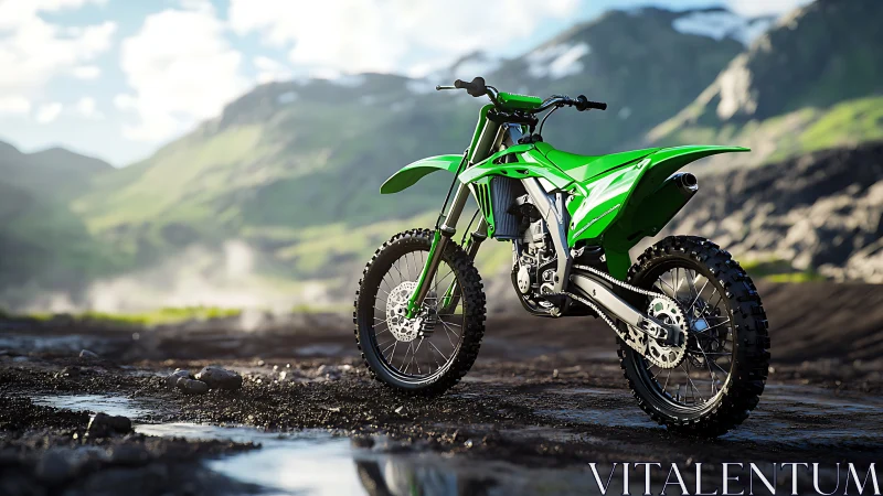 Emerald motocross bike parked on wet mountain trail at dawn.