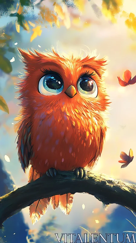 Cute orange owl with big eyes perched on tree branch.