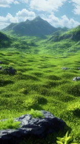 Physically based 3D grass valley with volumetric-lit mountain range
