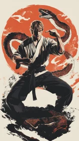 Martial artist poised before coiled serpent circle emblem.