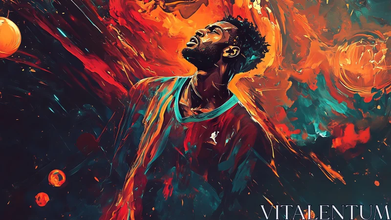 Dynamic football portrait in fiery orange teal abstract swirls