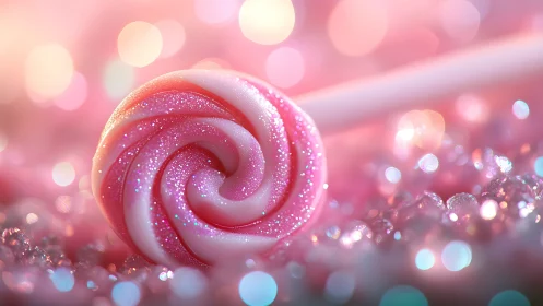 Iridescent Spiral Candy: Crystalline Confection in Pink Bokeh Environment.