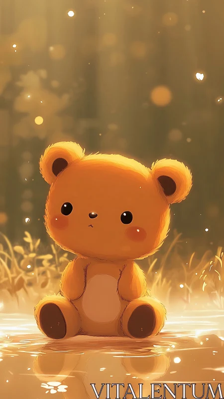 Cute plush bear sits in glowing pond under warm sunlight