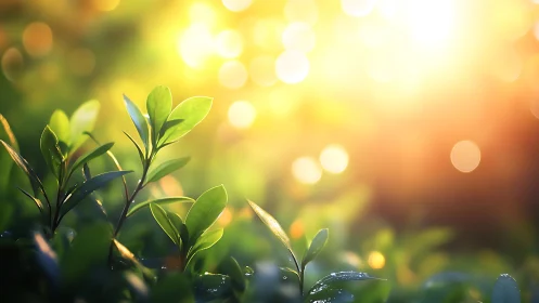 Fresh green leaves in morning sunlight, soft bokeh background.