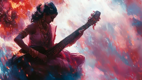 Crimson sky melodies with a serene sitar player at dusk.