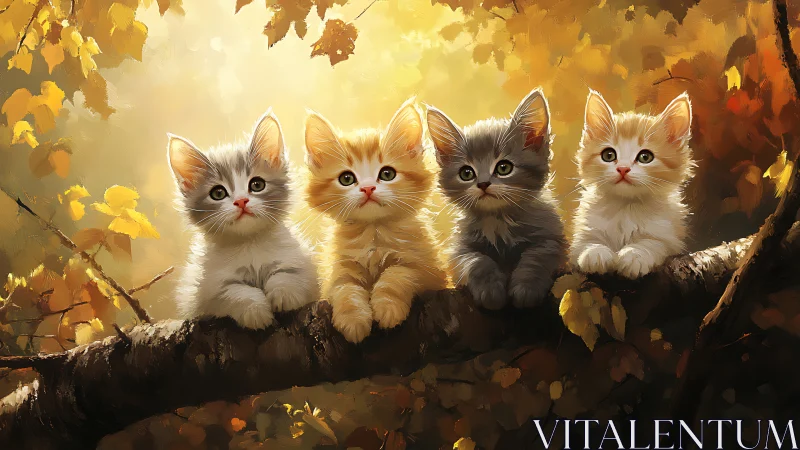 Four kittens sitting on branch with autumn foliage backdrop