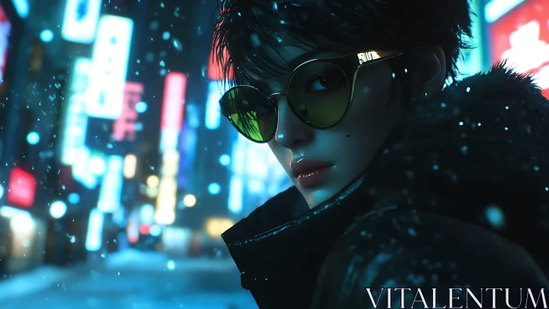 Neon snowdrifts crown a midnight wanderer in mirrored green