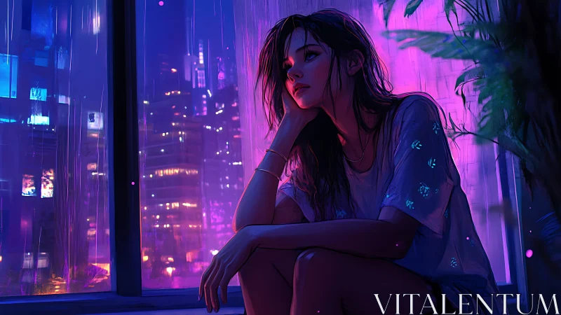 Solitary figure at window in neon-lit urban nightscape.