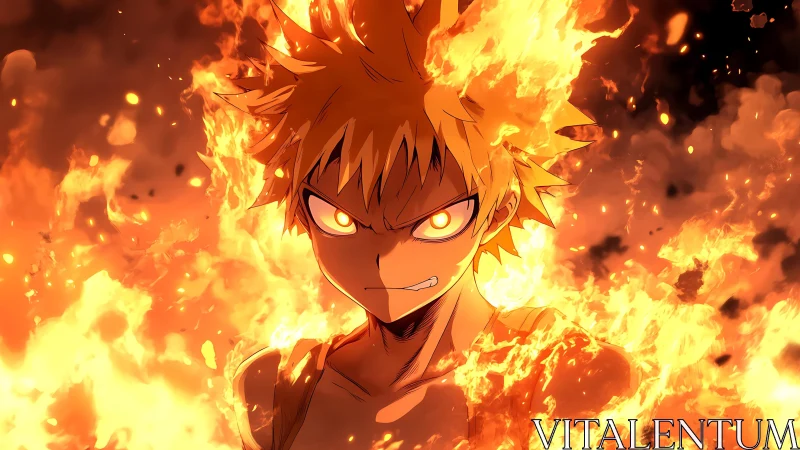 Fiery anime warrior engulfed in dynamic explosive flames.